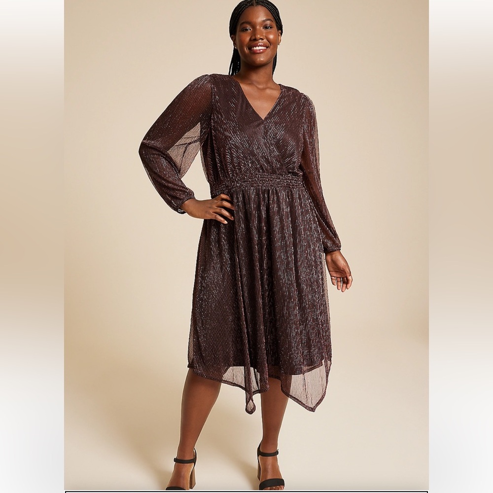 Maurices Plus Size Metallic Plisse Long Sleeve Midi Dress NWT